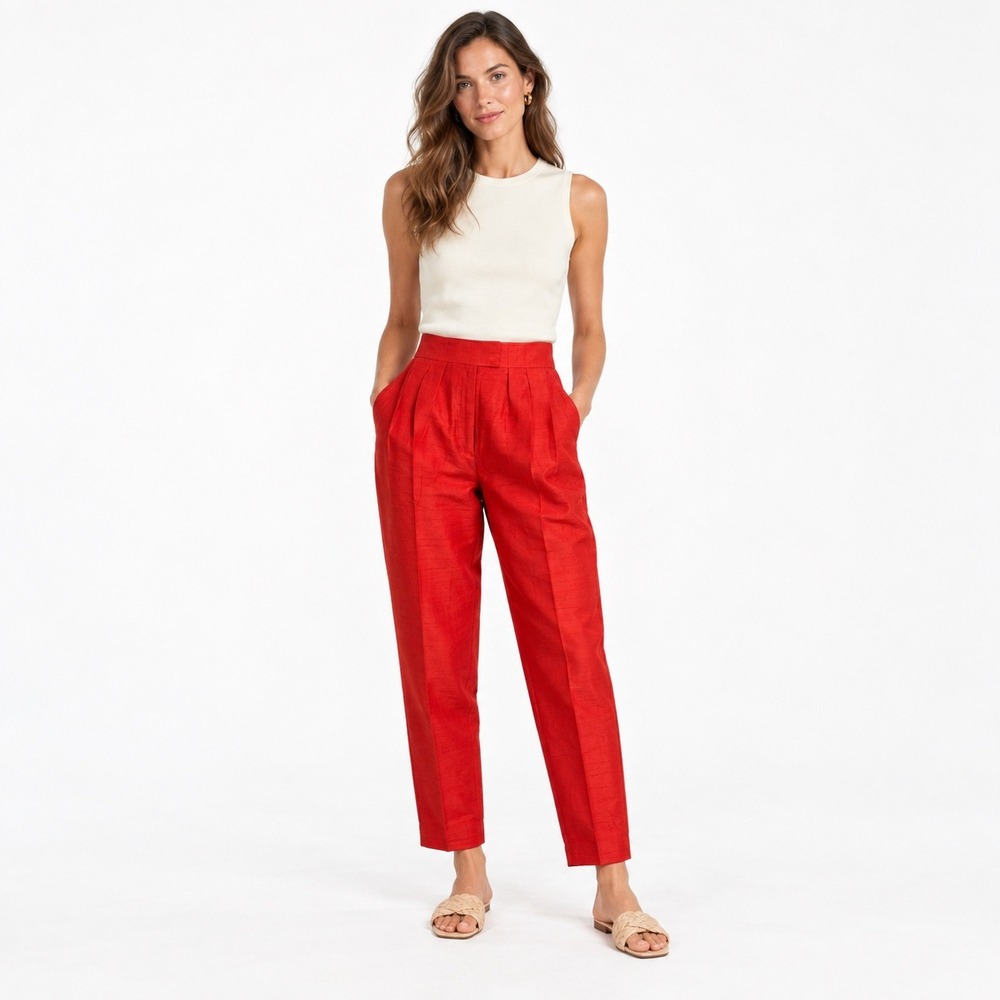 Julia Amory Red Raw Silk Pleated Trousers Women XS High Waist Tapered Luxury